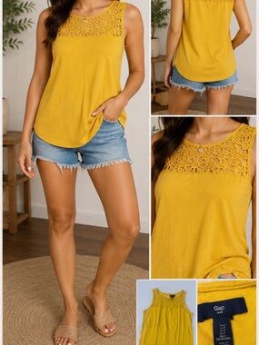 GAP Women's Crochet Yoke Sleeveless Tank in Mustard
